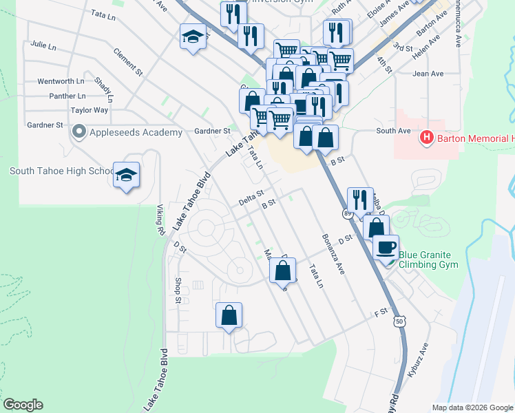map of restaurants, bars, coffee shops, grocery stores, and more near 1885 B Street in South Lake Tahoe