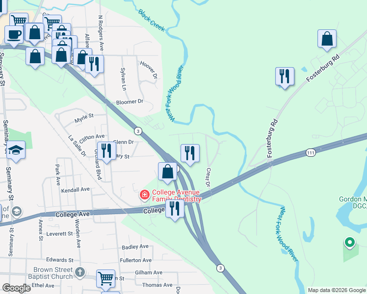 map of restaurants, bars, coffee shops, grocery stores, and more near 1900 Western Drive in Alton