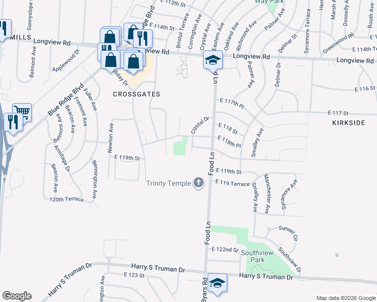 map of restaurants, bars, coffee shops, grocery stores, and more near 11828 Crystal Drive in Kansas City