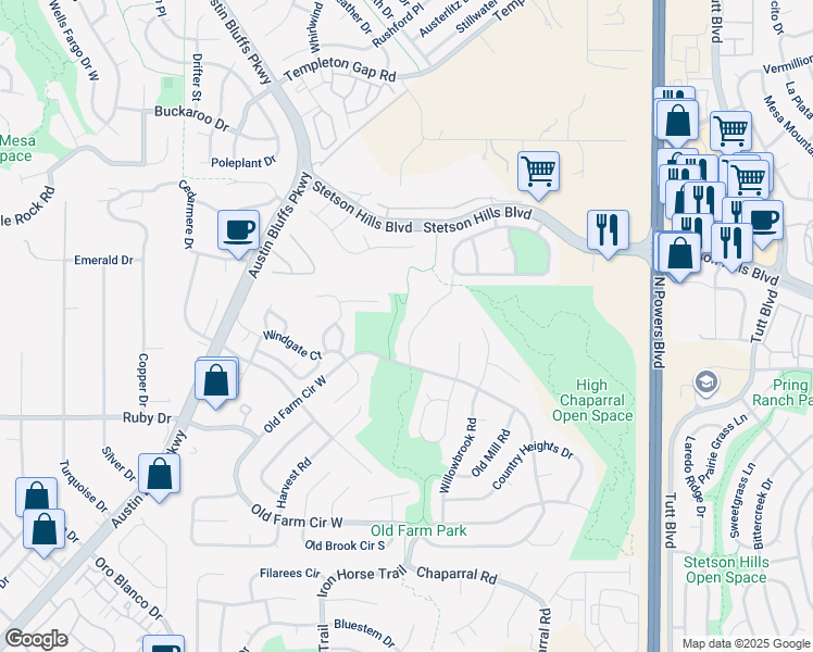 map of restaurants, bars, coffee shops, grocery stores, and more near 5280 Silo Ridge in Colorado Springs