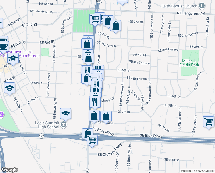 map of restaurants, bars, coffee shops, grocery stores, and more near 530 Southeast Hampton Street in Lee's Summit