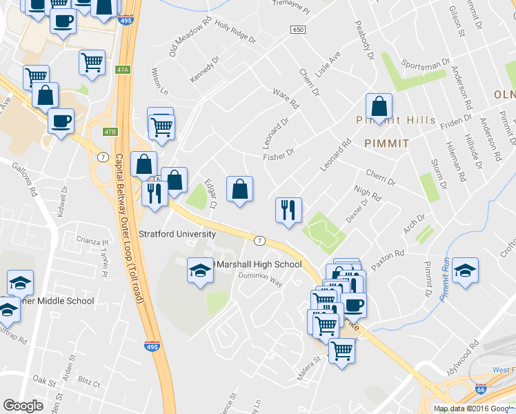 map of restaurants, bars, coffee shops, grocery stores, and more near 7628 Leesburg Pike in Falls Church