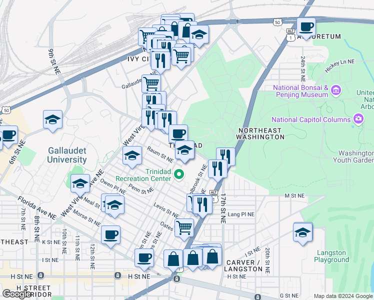 map of restaurants, bars, coffee shops, grocery stores, and more near 1741 Trinidad Avenue Northeast in Washington