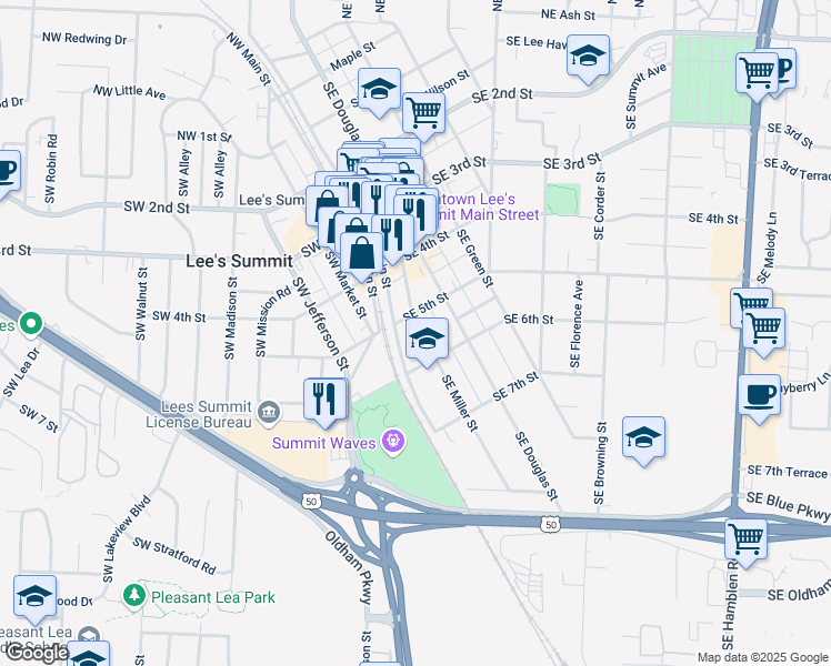 map of restaurants, bars, coffee shops, grocery stores, and more near 504 Southeast Miller Street in Lee's Summit