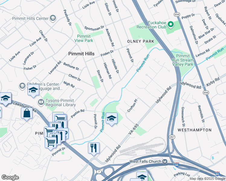map of restaurants, bars, coffee shops, grocery stores, and more near 2025 Pimmit Drive in Falls Church