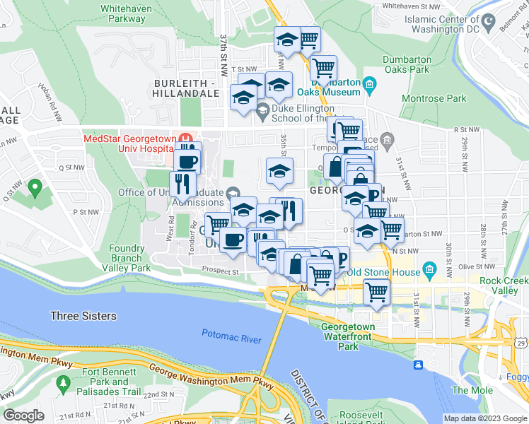 map of restaurants, bars, coffee shops, grocery stores, and more near P Street Northwest in Washington