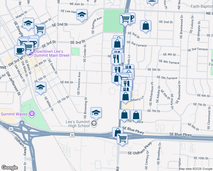 map of restaurants, bars, coffee shops, grocery stores, and more near 705 SE 6th St in Lee's Summit