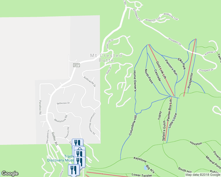 map of restaurants, bars, coffee shops, grocery stores, and more near Ruby Drive in Crested Butte