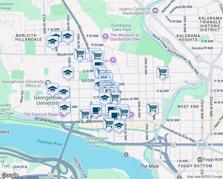 map of restaurants, bars, coffee shops, grocery stores, and more near 3149 O Street Northwest in Washington