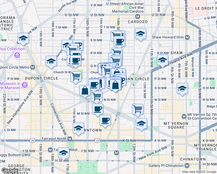 map of restaurants, bars, coffee shops, grocery stores, and more near 1437 Rhode Island Avenue Northwest in Washington