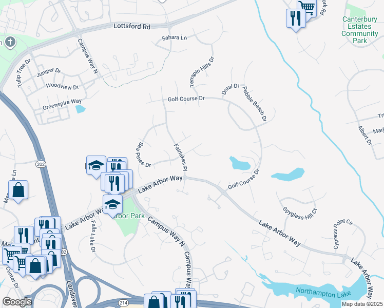 map of restaurants, bars, coffee shops, grocery stores, and more near 10403 Forest Lake Terrace in Bowie