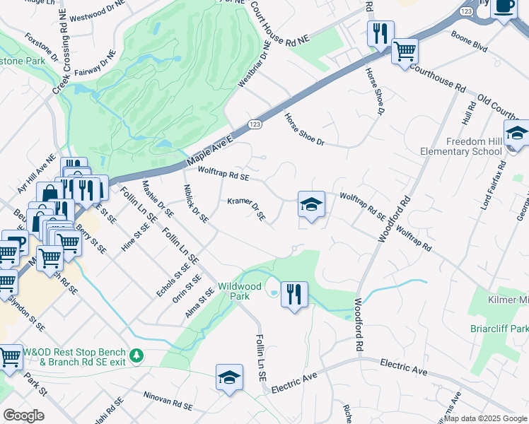 map of restaurants, bars, coffee shops, grocery stores, and more near 502 Kramer Drive Southeast in Vienna