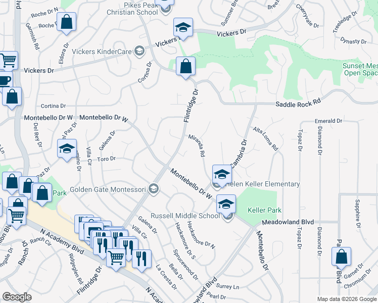 map of restaurants, bars, coffee shops, grocery stores, and more near 5306 Miranda Road in Colorado Springs