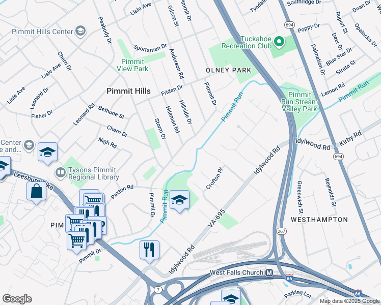 map of restaurants, bars, coffee shops, grocery stores, and more near 2021 Pimmit Drive in Falls Church