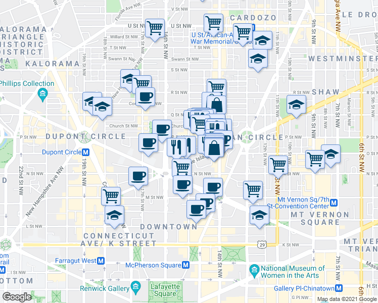 map of restaurants, bars, coffee shops, grocery stores, and more near 15th Street Northwest & O Street Northwest in Washington