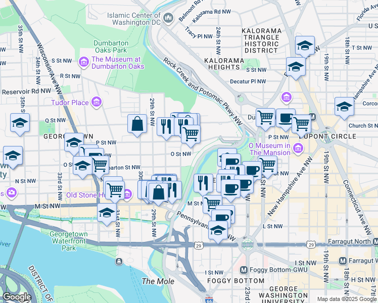 map of restaurants, bars, coffee shops, grocery stores, and more near 2605 O Street Northwest in Washington