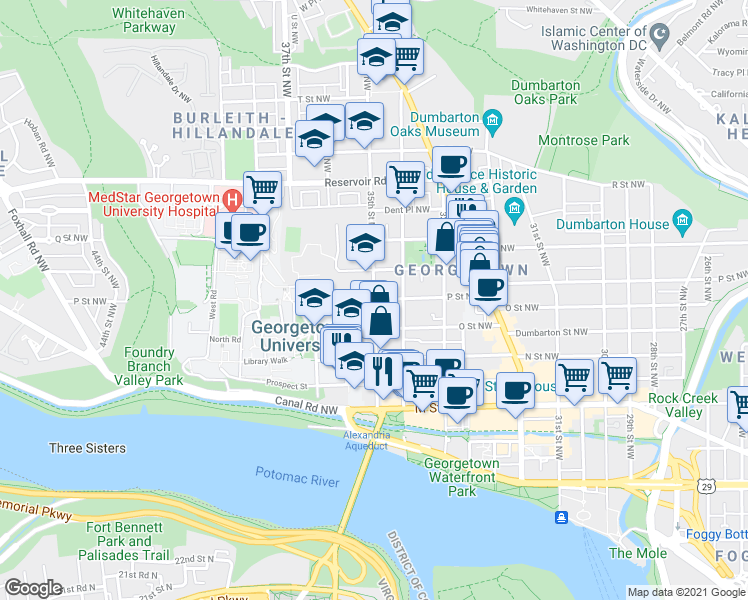 map of restaurants, bars, coffee shops, grocery stores, and more near P Street Northwest & 35th Street Northwest in Washington
