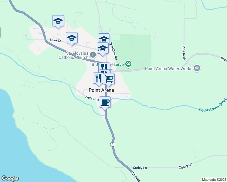 map of restaurants, bars, coffee shops, grocery stores, and more near 40 Mill Street in Point Arena
