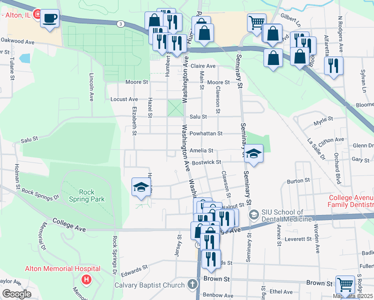 map of restaurants, bars, coffee shops, grocery stores, and more near 2512 Amelia Street in Alton