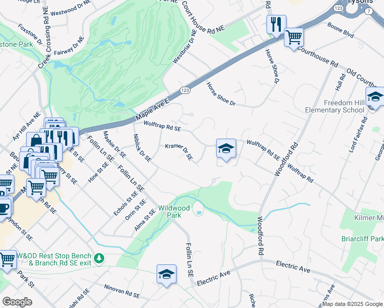 map of restaurants, bars, coffee shops, grocery stores, and more near 502 Kramer Drive Southeast in Vienna