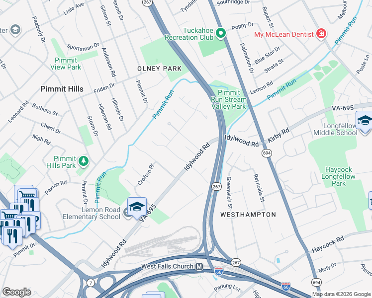 map of restaurants, bars, coffee shops, grocery stores, and more near 7072 Idylwood Road in Falls Church