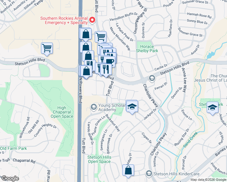 map of restaurants, bars, coffee shops, grocery stores, and more near in Colorado Springs