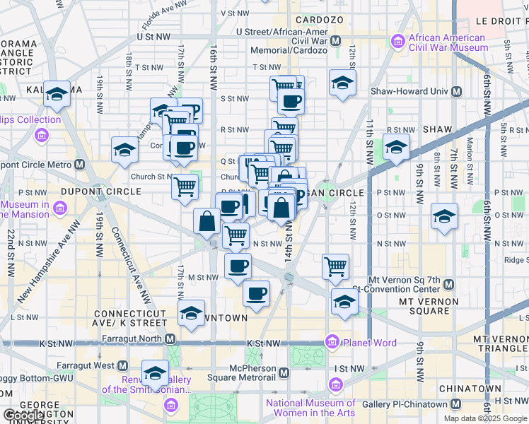 map of restaurants, bars, coffee shops, grocery stores, and more near 1437 Rhode Island Avenue Northwest in Washington