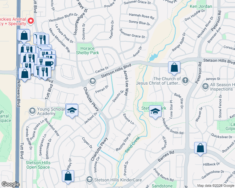 map of restaurants, bars, coffee shops, grocery stores, and more near 5943 Desoto Drive in Colorado Springs