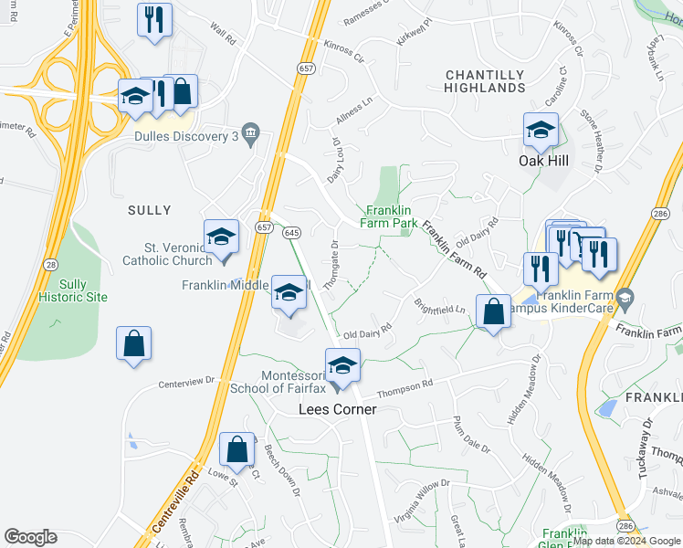 map of restaurants, bars, coffee shops, grocery stores, and more near 13606 Thorngate Court in Herndon