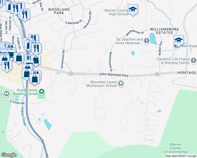 map of restaurants, bars, coffee shops, grocery stores, and more near 1151 John Marshall Highway in Front Royal