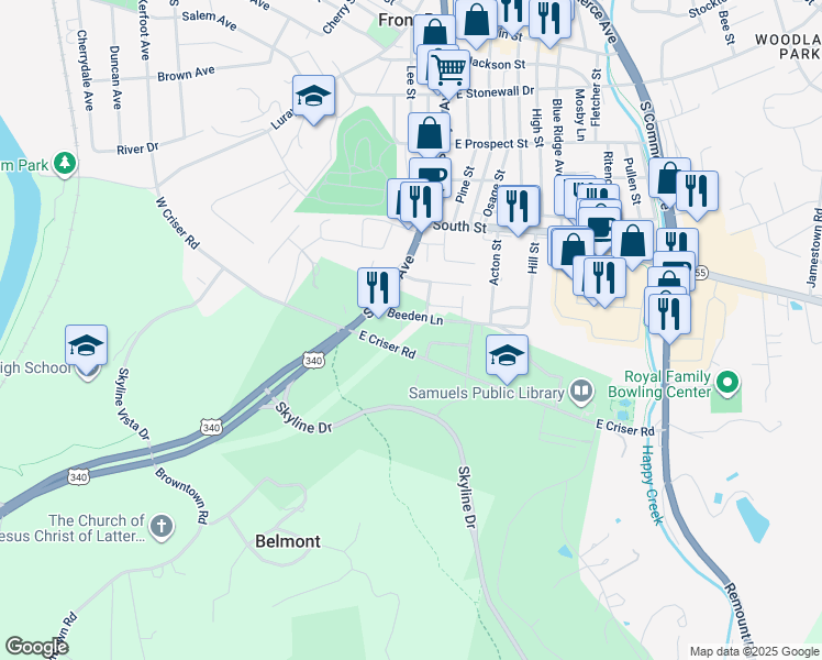 map of restaurants, bars, coffee shops, grocery stores, and more near 99 Beeden Lane in Front Royal