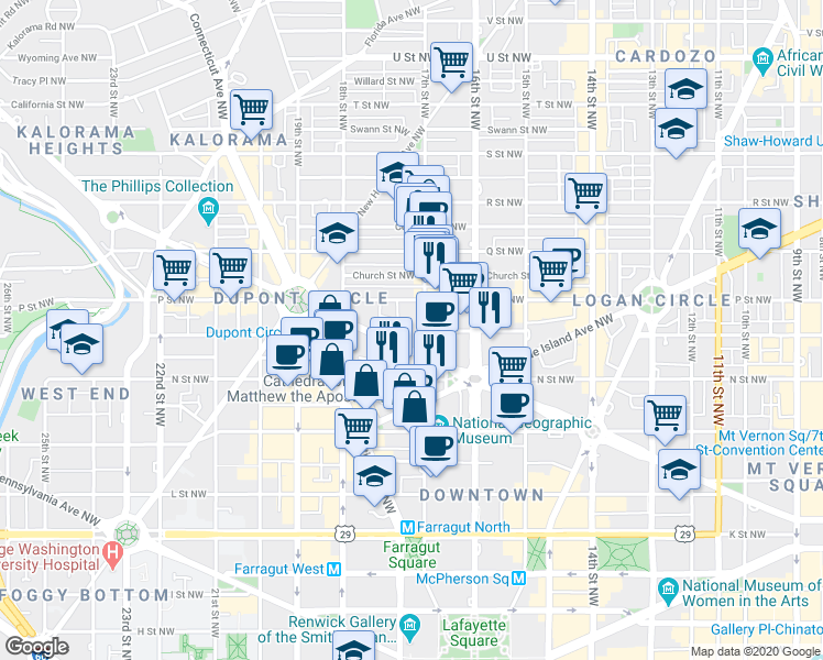 map of restaurants, bars, coffee shops, grocery stores, and more near 1711 Massachusetts Avenue Northwest in Washington