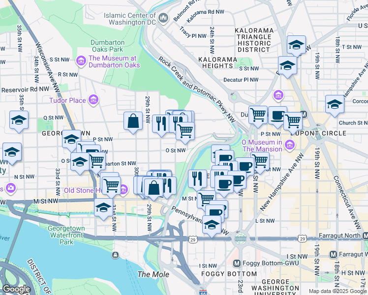 map of restaurants, bars, coffee shops, grocery stores, and more near 2605 O Street Northwest in Washington