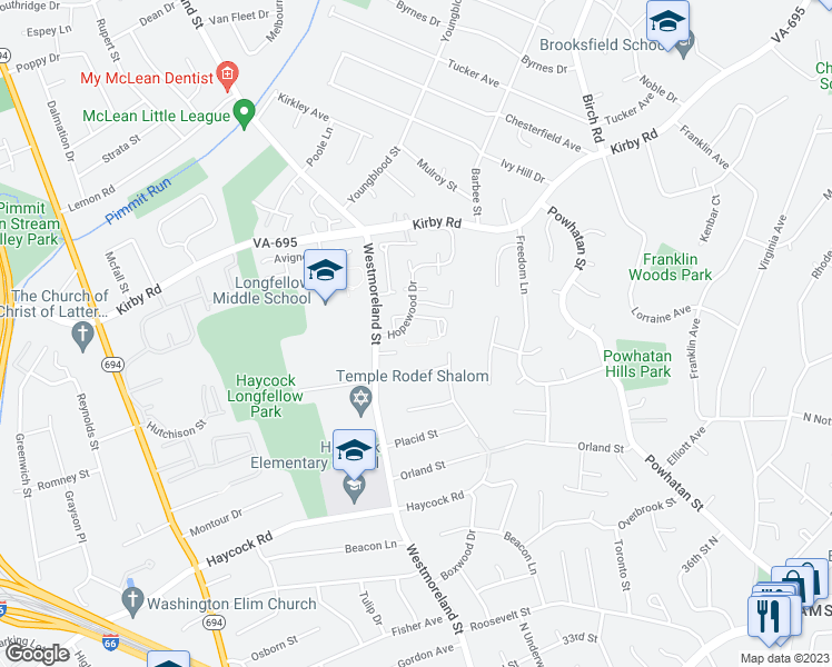 map of restaurants, bars, coffee shops, grocery stores, and more near 2067 Hopewood Drive in Falls Church
