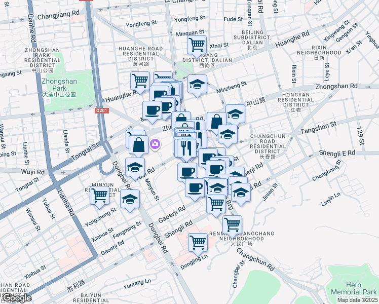map of restaurants, bars, coffee shops, grocery stores, and more near Wu Si Lu in Da Lian Shi