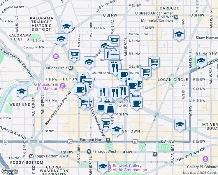 map of restaurants, bars, coffee shops, grocery stores, and more near 1711 Massachusetts Avenue Northwest in Washington