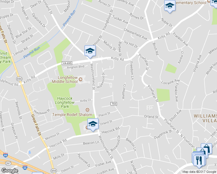 map of restaurants, bars, coffee shops, grocery stores, and more near 6613 Midhill Place in Falls Church