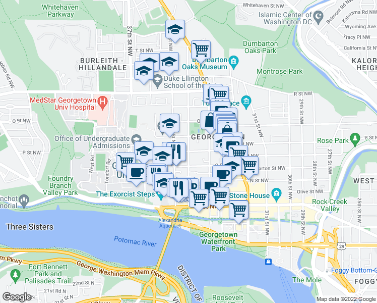 map of restaurants, bars, coffee shops, grocery stores, and more near P Street Northwest & 34th Street Northwest in Washington