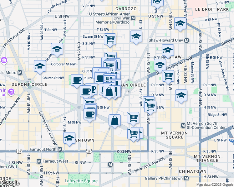 map of restaurants, bars, coffee shops, grocery stores, and more near 1322 Rhode Island Avenue Northwest in Washington