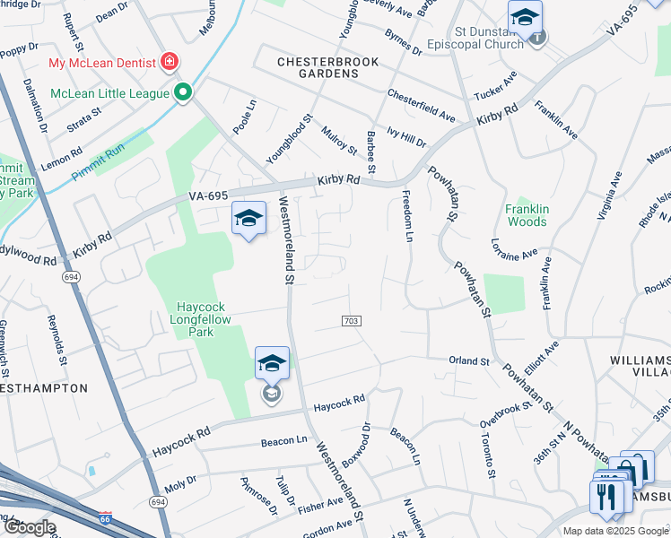 map of restaurants, bars, coffee shops, grocery stores, and more near 6613 Midhill Place in Falls Church