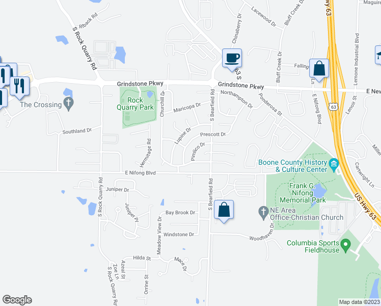 map of restaurants, bars, coffee shops, grocery stores, and more near 3705 Pimlico Drive in Columbia