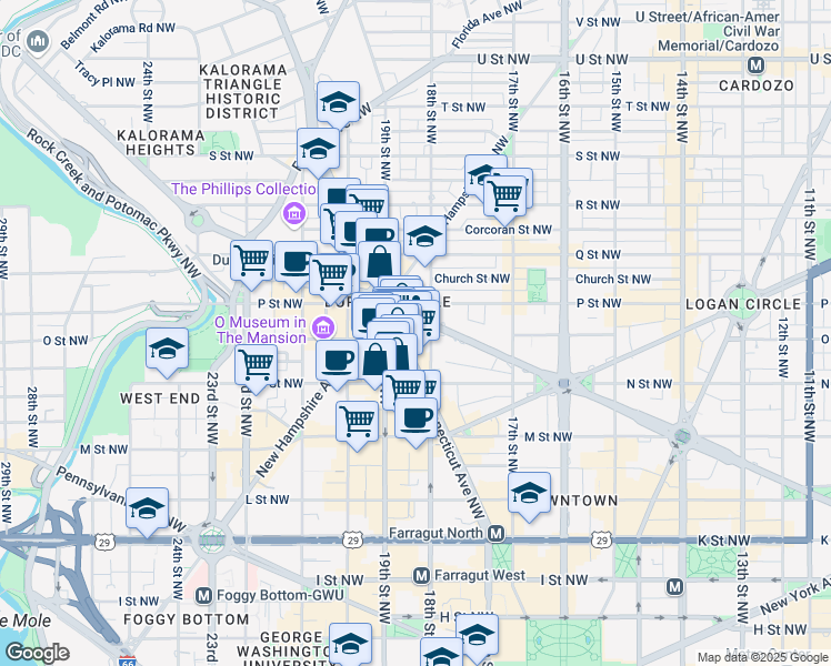 map of restaurants, bars, coffee shops, grocery stores, and more near 1800 Massachusetts Avenue Northwest in Washington