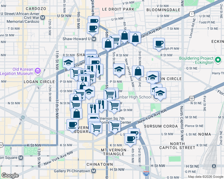 map of restaurants, bars, coffee shops, grocery stores, and more near 101 Independence Avenue Southeast in Washington
