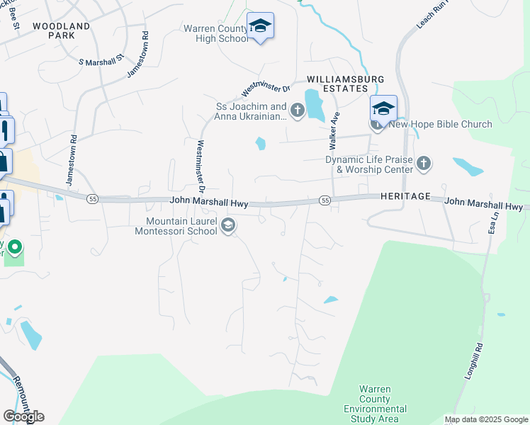 map of restaurants, bars, coffee shops, grocery stores, and more near 1359 Robinhood Lane in Front Royal