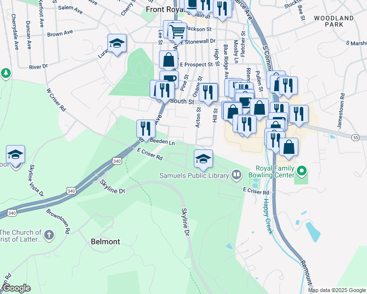map of restaurants, bars, coffee shops, grocery stores, and more near 131 Beeden Lane in Front Royal