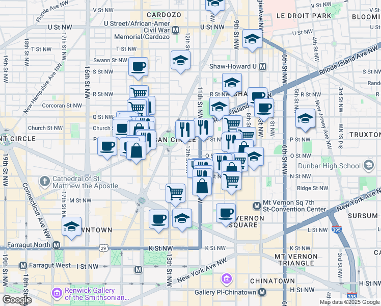 map of restaurants, bars, coffee shops, grocery stores, and more near 1117 O Street Northwest in Washington