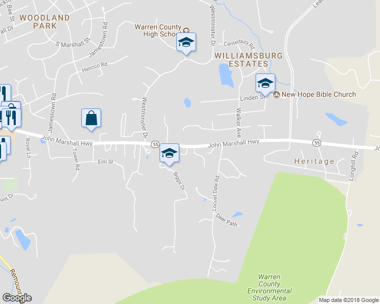 map of restaurants, bars, coffee shops, grocery stores, and more near 1359 Robinhood Lane in Front Royal