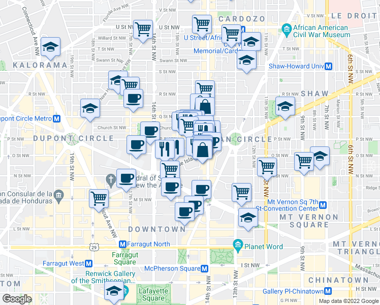 map of restaurants, bars, coffee shops, grocery stores, and more near 1437 Rhode Island Avenue Northwest in Washington