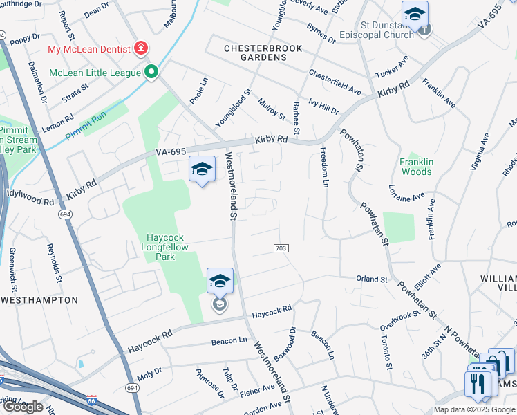 map of restaurants, bars, coffee shops, grocery stores, and more near 2067 Hopewood Drive in Falls Church