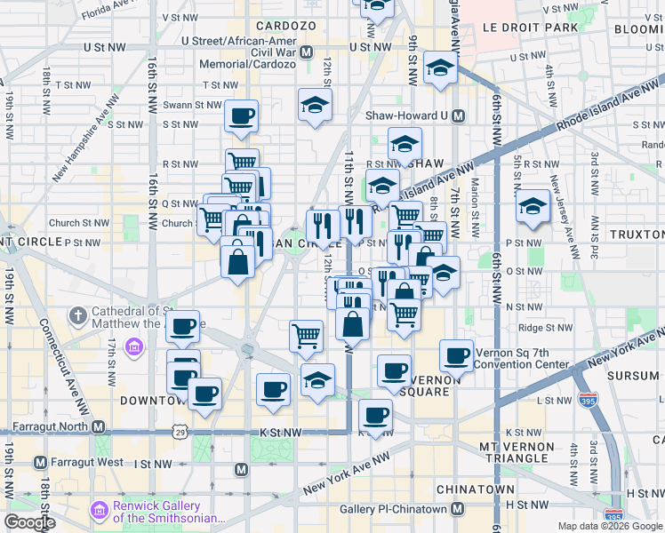 map of restaurants, bars, coffee shops, grocery stores, and more near 1117 O Street Northwest in Washington